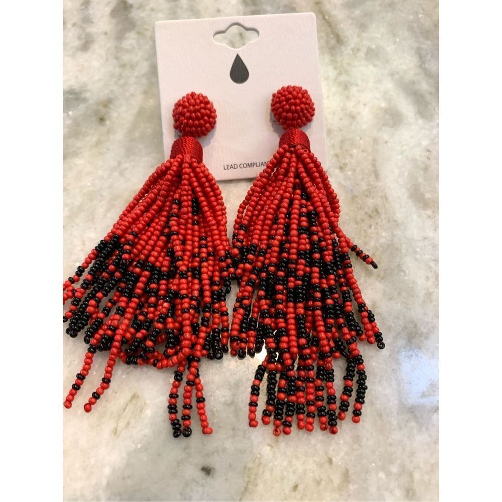 Black Red Seed Beaded Tassel Drop Earrings #college